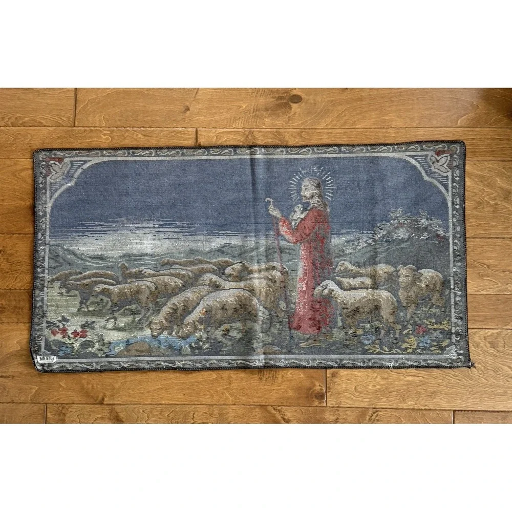 Vintage Italian Good Shepherd Woven Tapestry Wall Hanging Jesus Lambs 20x38